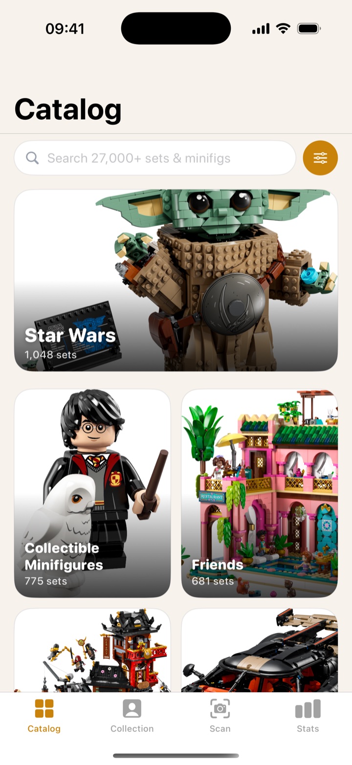 BrickPal catalog screen showing LEGO themes