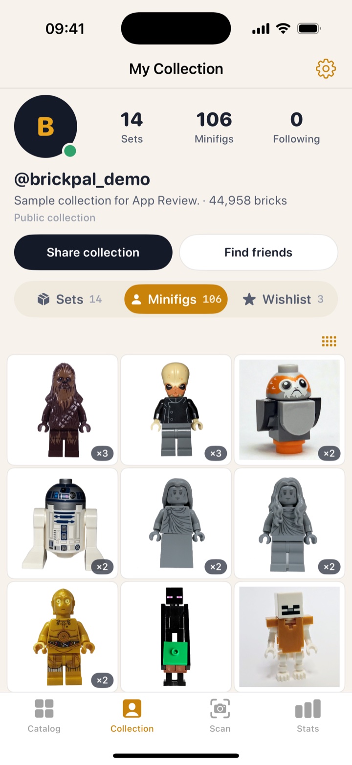 BrickPal collection screen filtered to LEGO minifigures