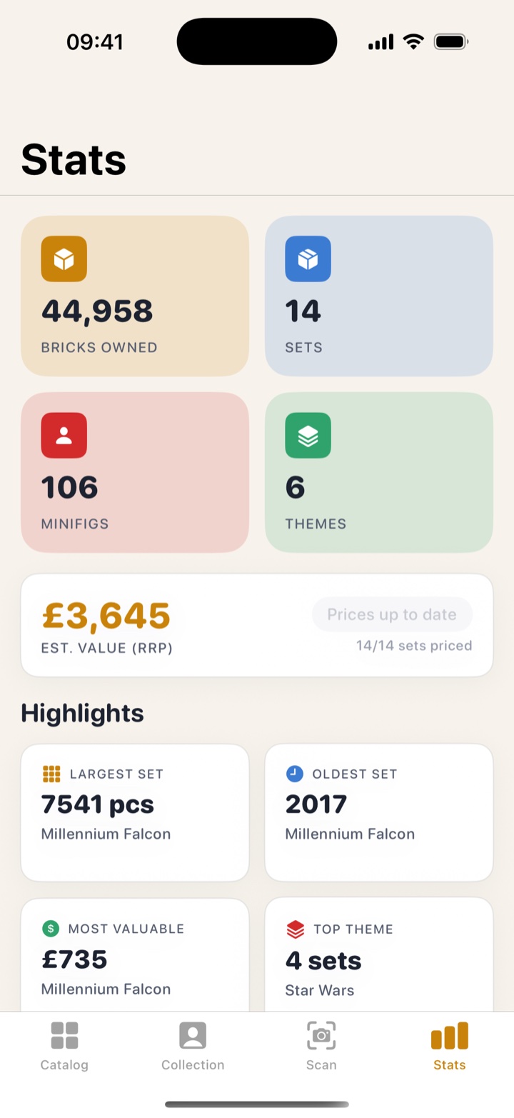 BrickPal Stats screen showing bricks owned, estimated value, largest set and most valuable set